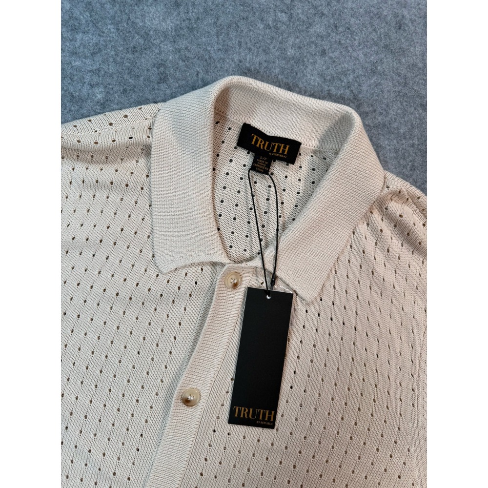 Truth by Republic Mens Beige Pointelle Knit Button Down Short Sleeve Shirt Small